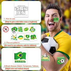 HOWAF 60pcs Brazil Soccer Temporary Tattoos for America Tournament 2024 Soccer Match Decoration, Brazil Flag Face Tattoos Stickers for America 2024 Soccer Match Soccer Fans Group Events Supplies