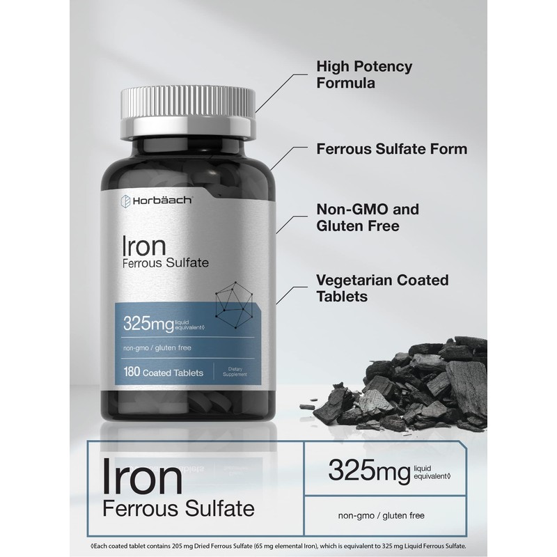 Horbäach Iron Ferrous Sulfate 325mg | 180 Count | Vegetarian,