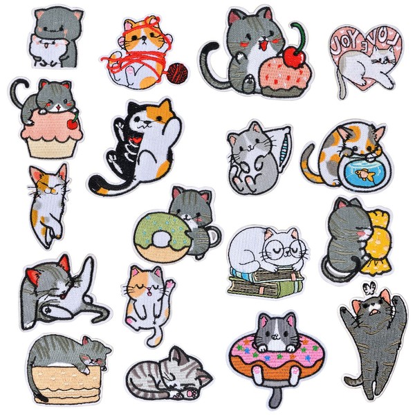 Children's Iron-On Patches, Pack of 18 Cat Patches, Iron-On Patches, Iron-On Patches, Appliqué Patches for Iron-on, Patch Stickers, Clothing for Clothes, Jackets, Backpacks, Jeans
