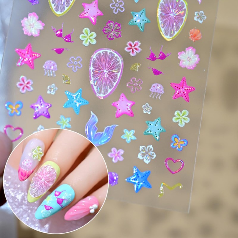 Summer Nail Stickers Ocean Shell Jellyfish Mermaid Nail Art Stickers