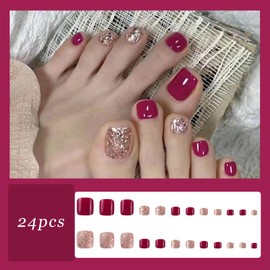 24Pcs French False Toenails Tips Cherry Glitter Press on Toenails Full Cover Artificial Acrylic Fake Toenails for Women Girls Daily Nail Art Decorations