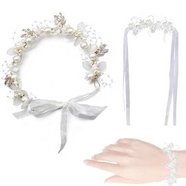 WIOOYIUU Forest White Garland Headband & Pearl Wrist Band, Flower Hair Accessory, Children's Hair Ornament, Tiara, For Weddings, Recitals, Graduation Ceremonies, School Entrance Ceremonies