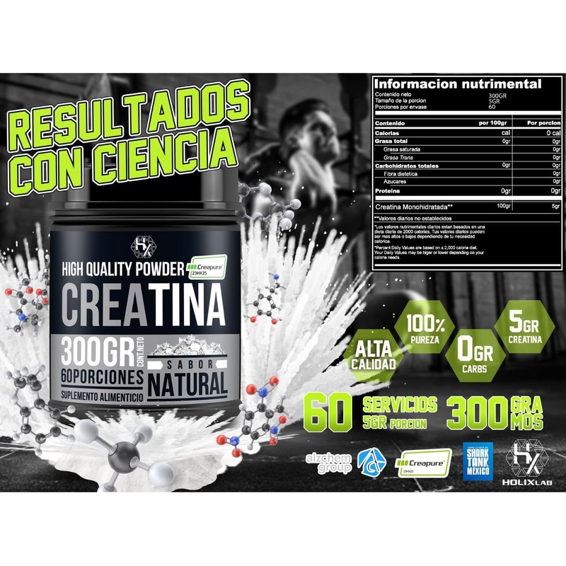 Holix Lab Creatina Monohidratada 300gr 60 Serv. Creapure Sabor Natural