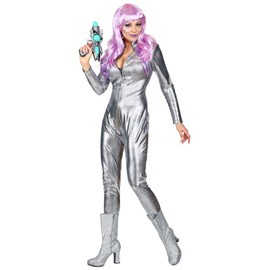 shoperama Silver Metallic Women's Catsuit Scales Pattern Space Girl Disco Astronaut Festival Bodysuit Jumpsuit Size: S/M