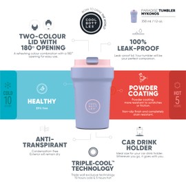 Cool Bottles - Paradise Tumbler - Thermobecher aus Edelstahl - 350 ml - Mykonos - Blau und Rosa - Luftdichter Deckel - Kalte Getränke 10 Stunden und heiße Getränke 5 Stunden - Fleckabweisend