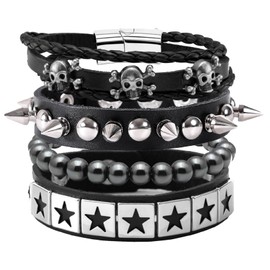 MILAKOO 4pcs Punk Bracelet with Hematite Stone Beads Skull Spike PU Leather Goth Cuff for Men Women, Suitable for: