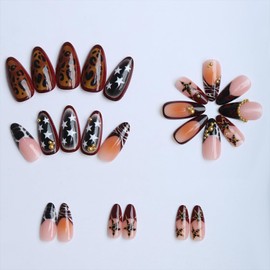 Fall Nails Press on Medium Almond Leopard Print Fake Nails with Star Designs Brown Fake Nails Autumn Almond Nail Tips Full Cover Glossy Acrylic Reusable Glue Stick on Nails for Women French Manicure