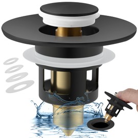 iFealClear Universal Bathroom Sink Stopper, Upgraded Brass Bullet Core Push Type Sink Strainer, All Metal Sink Drain Plug with Anti-Clogging Strainer, Matte Black