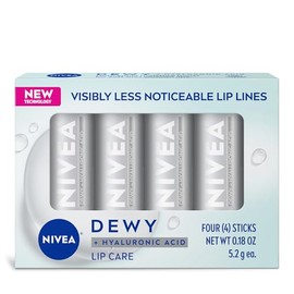 NIVEA NIVEA Dewy Lip Balm with Hyaluronic Acid, Leaves Visibly Less Noticeable Lip Lines and No Waxy Feel, 0.18 Oz, Pack of 4