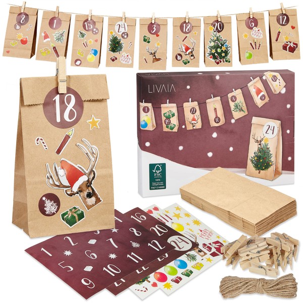 DIY Advent Calendar Kit: Beautiful Craft Advent Calendar 2023 with 24 Paper Bags and Sticker Paper with Designs - Empty Advent Calendar to fill Yourself - Lovely Christmas Advent Calendar by LIVAIA