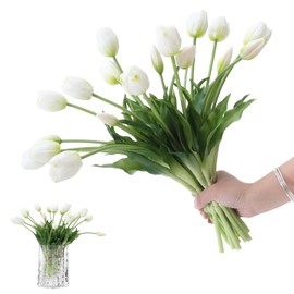 dallisten 15PCS Artificial Tulips Real Touch White Faux Latex Flowers Lifelike Fake Tulip Bouquet Flowers Arrangements for Wedding Home Kitchen Garden Table Party Decoration