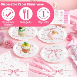 Pink Bow Birthday Decorations, 72 Pcs Pink Bow Plates and Napkins, Bow Banner Tablecloth, Coquette Birthday Decorations, Bow Themed Party Decorations