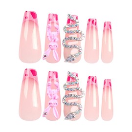 Heart Press on Nails Long Coffin Valentines Day Fake Nails, 3D Pink Rabbit Rhinestones Snake Design Gel Acrylic Nails Kit, False Nails New Year Fashion Nail Decorations 24 Pcs