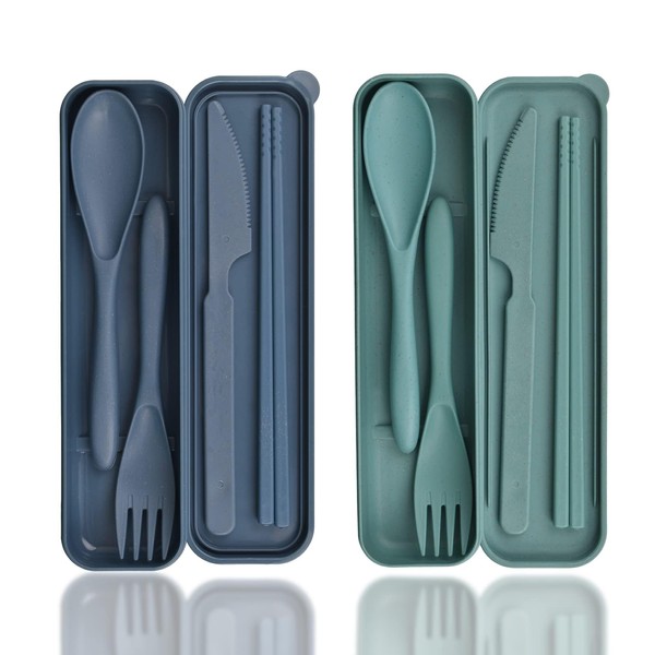 Cutlery Set, 2 Pieces Camping Cutlery with Case, Plastic Travel Cutlery Spoon Knife Fork Chopsticks Case, Camping Cutlery Portable Camping Cutlery Set Reusable for Picnic Outdoor