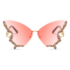 YAMEIZE Diamond Butterfly Rimless Sunglasses - Trendy Crystal Rhinestone Butterfly Eyewear UV Protection for Women Men Party, Gradient Pink, Oversized