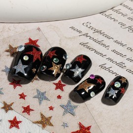 Nail Art Stickers - 6 Sheets 3D Glitter Shiny Flower Heart Love Starburst Star Lips Nail Stickers with Nail Design Gold Silver Red Sparkling Decals for Women Girls DIY Nails French Manicure Decoration