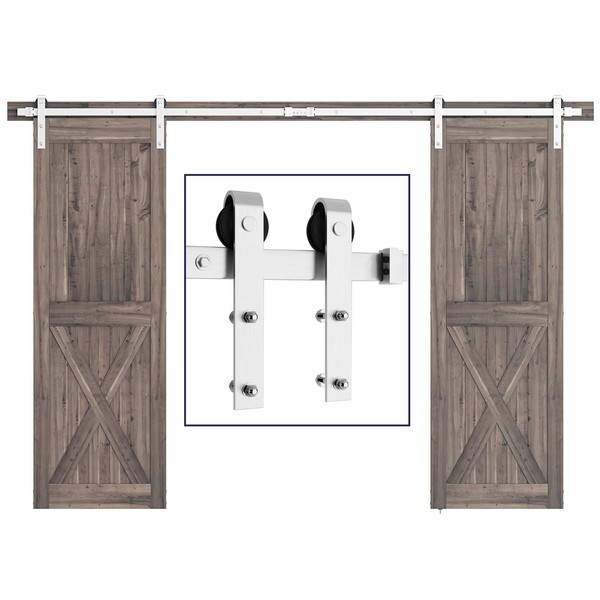 SMARTSTANDARD 10ft Siliding Barn Door Hardware Kit Brushed Nickel Double Door Easy to Install Fit 30" Wide Door Panel (J Shape Hanger)