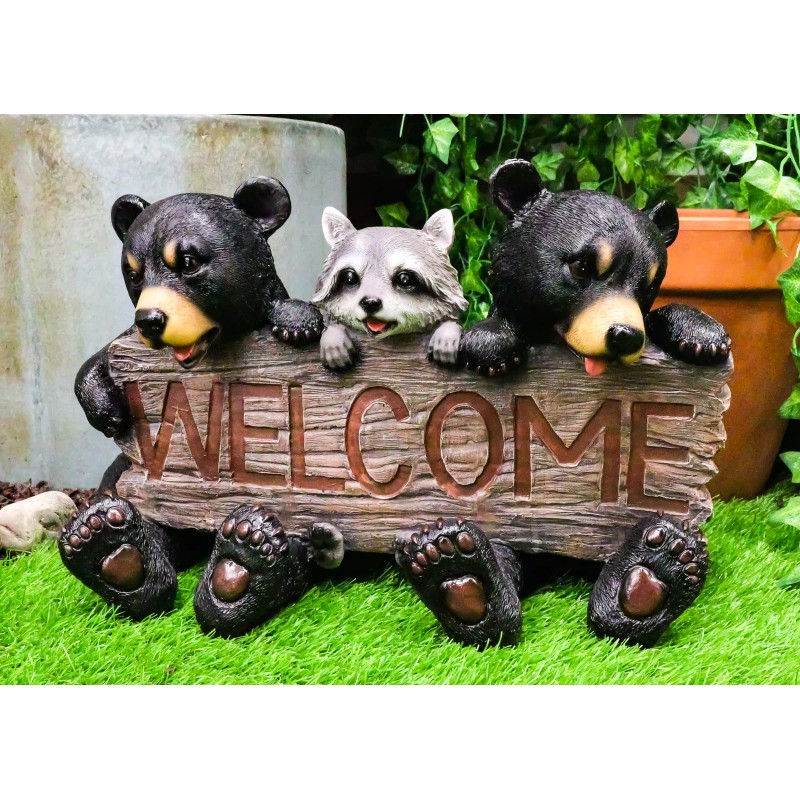 Forest Pals Welcome Sign Black Bears & Racoon 16" Length