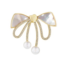 Alilang Elegant Natural Seashell Rhinestones Bow Knot Pearl Pin Brooch,1-Gold
