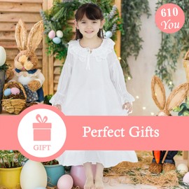 610 YOU Floor Length Long Sleeve Girls Nightgowns, White Vintage Night Gowns for Kids Girl, Cotton Pajama Dress, 10-12 Years