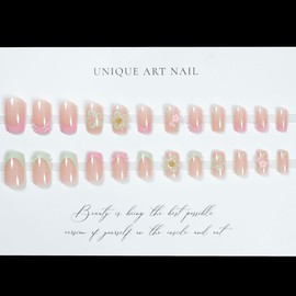 BQZQPAMZ 24pcs Green Pink French Tip Press On Nails Pink Flower Short Square False Nails Green Flower Stick On Nails Full Coverage Acrylic Nails for Women DIY Manicure Decoration Supplies