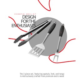 Grilaz Stainless Steel BBQ Tool Set | Dark-Dyed Wood Handles | Heavy Duty Grilling Accessories | 3-Piece Outdoor Barbecue Grill Utensil Set with Spatula, Fork, and Tongs - Ideal Gift for Men…