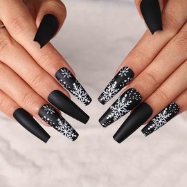 Outyua Long Christmas False Nails Black Extra Long Fake Nails Snowflake Pattern Press on Nails Acrylic Artificial Nails for Women and Girls 24pcs (Black Snowflake)