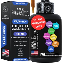 Liquid Collagen for Women and Men with Calming Ashwagandha - 100,000mcg Bovine Collagen Drink, 100mg Ashwagandha Liquid for Radiant Skin, Hair, Nails, and Immune Support - 2oz Berry Flavor Drops