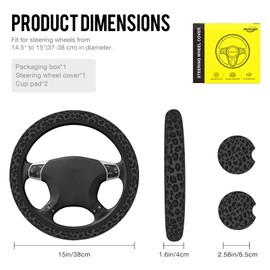 Black Leopard Print Cheetah Steering Wheel Cover for Women Girls, Anti-Slip Breathable Elastic Neoprene Car Steering Wheel Cover, Universal 15 Inch Fit for Cars, SUVS, with 2 Ceramic Cup Coasters