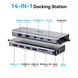 USB C Docking Station Dual HDMI Monitor Adapter, Selore USB C Hub 3 Monitors Adapter with Dual HDMI, Displayport, VGA, 100W PD Charging (14 in 1 Triple Docking Station)