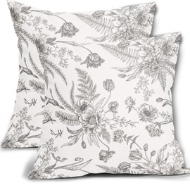 Sweetshow Grey and White Floral Pillow Covers 24x24 Inch Set of 2 Gray Flowers Throw Pillowcase Cotton Linen Square Decorative Morden Light Grey Cushion Cover for Sofa Bedroom Indoor Outdoor Party