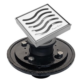 SereneDrains 304 Stainless Steel 4 Inch Square Polished Chrome Shower Drain Kit Ocean Wave with Base for Tile Floor Drain Grate Cover Hair Catcher Trap Strainer (Polished Stainless Steel, Cast Iron)