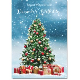 doodlecards December Birthday Christmas Card Christmas Tree and Parcels Medium Size Christmas Card for December Birthday with Plain Envelope