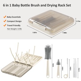6 in 1 Bottle Cleaning Brush Set with Silicone Bottle Brush, Nipple Brush, Straw Brush, Soap Dispenser, Drying Rack for Baby Bottle and Water Bottle, Space Saving Baby Essentials for Home and Travel
