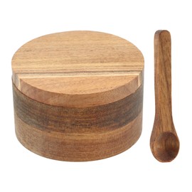Wood Salt and Pepper Bowl, with Swivel Lid and Spoon Round Salt Container Spices Storage Box(4.06inchs)