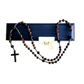 BJ BshuxiuJ Elegant Stone Rosary Necklace with Black Agate and Hematite Beads – Handcrafted Rosary Bead Cross Necklace for Men (Red Tiger Eye Rosary)