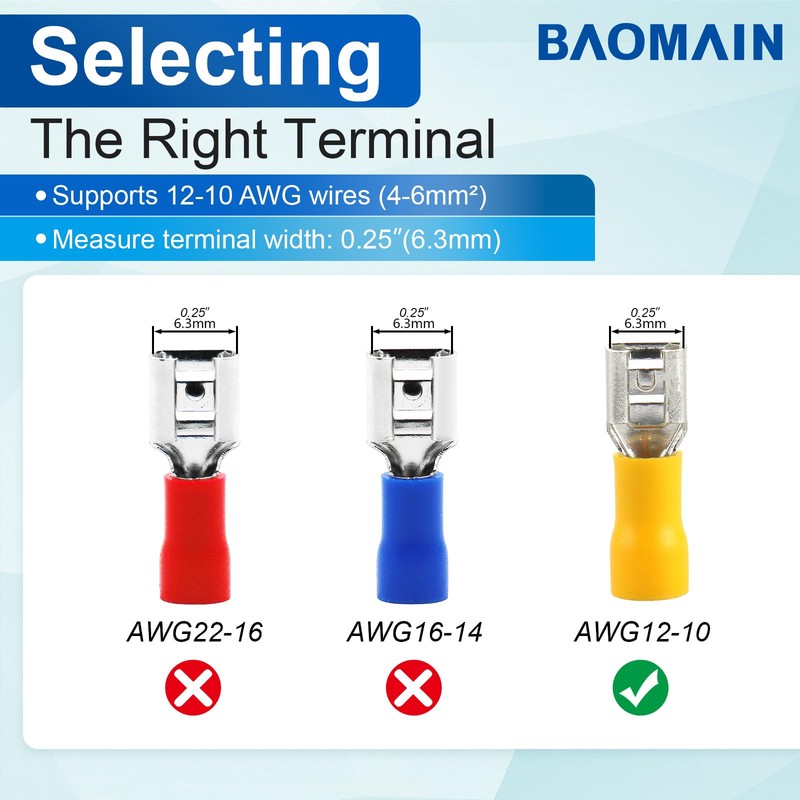 Baomain 1/4" Female Quick Disconnect Spade Terminals,Insulated Crimp Connectors 12-10