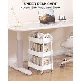 EAGMAK 3 Tier Rolling Cart Under Desk, Metal Storage Cart with Handle and Lockable Wheels, Multifunctional Storage Organizer Trolley with Mesh Baskets for Kitchen, Living Room, Office, Garage (White)