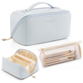 Vlando Large Capacity Travel Cosmetic Bag - Makeup Bag, PU Leather Waterproof Cosmetic Bag, Light Blue