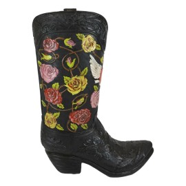 Western Black Cowboy Boot With Vine Roses And Angel Winged Heart Vase Sculpture