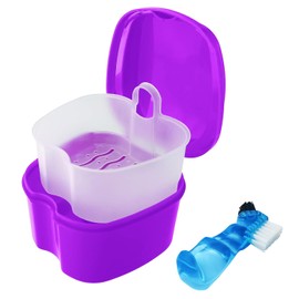 Colorida funda de baño para dentaduras postizas con cepillo para polvo, soporte para remojo de vasos dentales, contenedor de dientes falsos, protector bucal, funda de almacenamiento para limpieza con tapa, impermeable, color morado