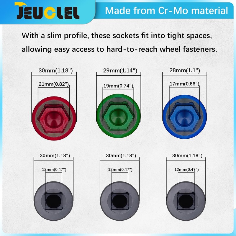 JEUCLEL 3-Piece Lug Nut Socket Set, 1/2" Drive, Impact Tools,