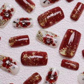 24Pcs Red Flower Press on Nails Medium Square Fake Nails Spring Acrylic Nails Press on with Rhinestones Design Full Cover Gold Line Glue on Nails Solid Color Red White False Nails for Women Manicure