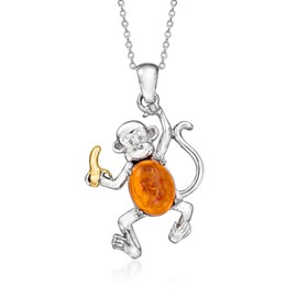 Ross-Simons Amber Monkey With Banana Pendant Necklace in Sterling Silver With 18kt Gold Over Sterling. 18 inches