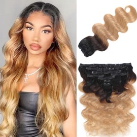 LUMIERE Human Hair Clip In Extensions, 1B/4/27 Ombre Brown Body Wave Seamless Clip In Hair Extensions Real Human Hair Balayage Hair Extensions 120g 8pcs Per Set 24 Inch