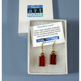 "Red Wine Lover" Wine Red Glass Rectangles with Goldtone Accents; Dangle 1.5 Inches