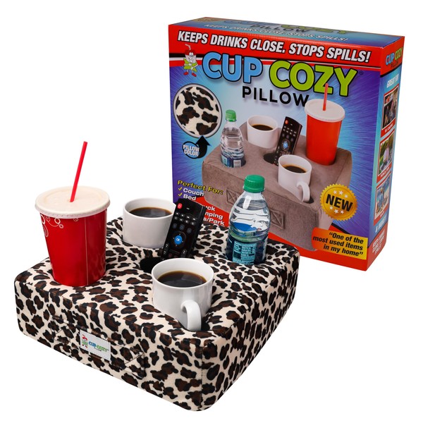 Cup Cozy Deluxe Pillow (Cheetah) As Seen on TV -The World's Best Cup Holder! Keep Your Drinks Close and Prevent Spills. Use it Anywhere-Couch, Floor, Bed, Man cave, car, RV, Park, Beach and More!