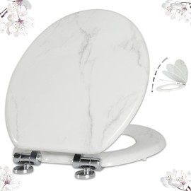 Angel Shield Marble Toilet Seat Durable Molded Wood with Quiet Close,Easy Clean，Quick-Release Hinges (Round,White Marble)