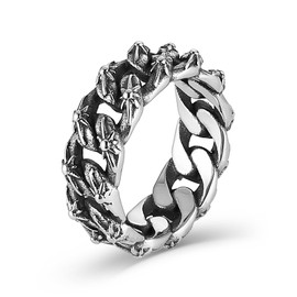HZMAN Stainless Steel Rings for Men 8mm Wide Silver Cuban Link Ring with Six-Pointed Stars Wedding Ring Size 7