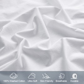 PHF 100% Garment Washed Cotton Fitted Sheet Queen Size - Cozy Cloud Soft Linen Like Bottom Sheet Only with Elastic Deep Pockets, Easy Fit Breathable Warm not Shrink,60"x 80",White,No Pillowcase